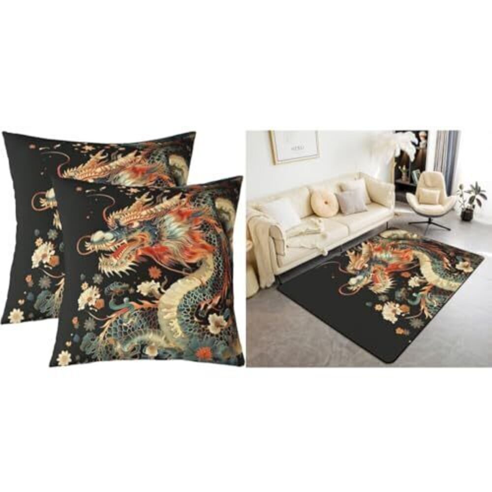 7394 Dragon Pillow Covers 18x18 Inch + Area Rug 3'x5'